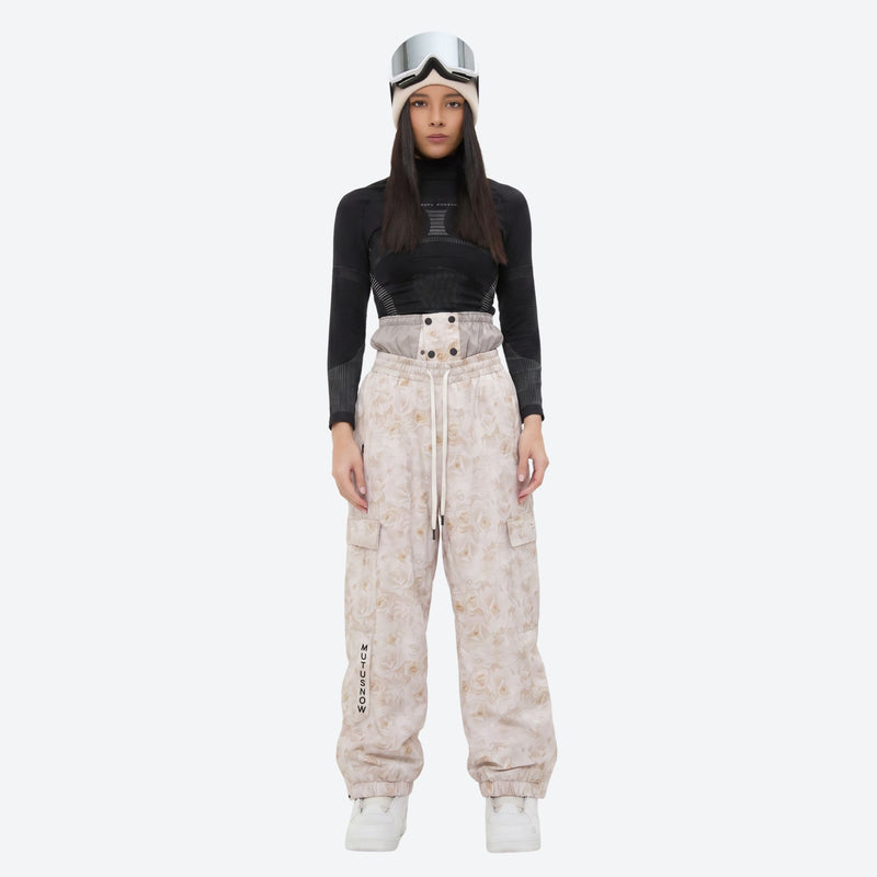 Unisex printed snowboard jacket and bibs - cream tan marble print bib pants, on-model front view, for skiing and snowboarding
