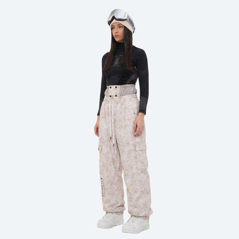 Unisex waterproof 3L snow jacket and bib pants series - cream tan marble print bib pants, for resort and backcountry days