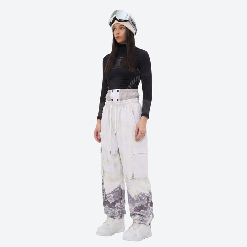 Women's breathable printed ski jacket set - white mountain print snow pants with black top, for resort and backcountry days