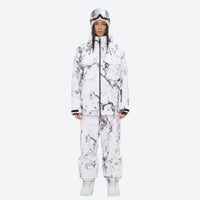 
                  
                    Women's 3-layer snowboard jacket and pants - white marble print jacket with matching pants, for skiing and snowboarding
                  
                