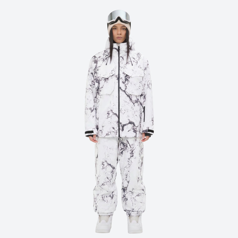 Women's 3-layer snowboard jacket and pants - white marble print jacket with matching pants, for skiing and snowboarding