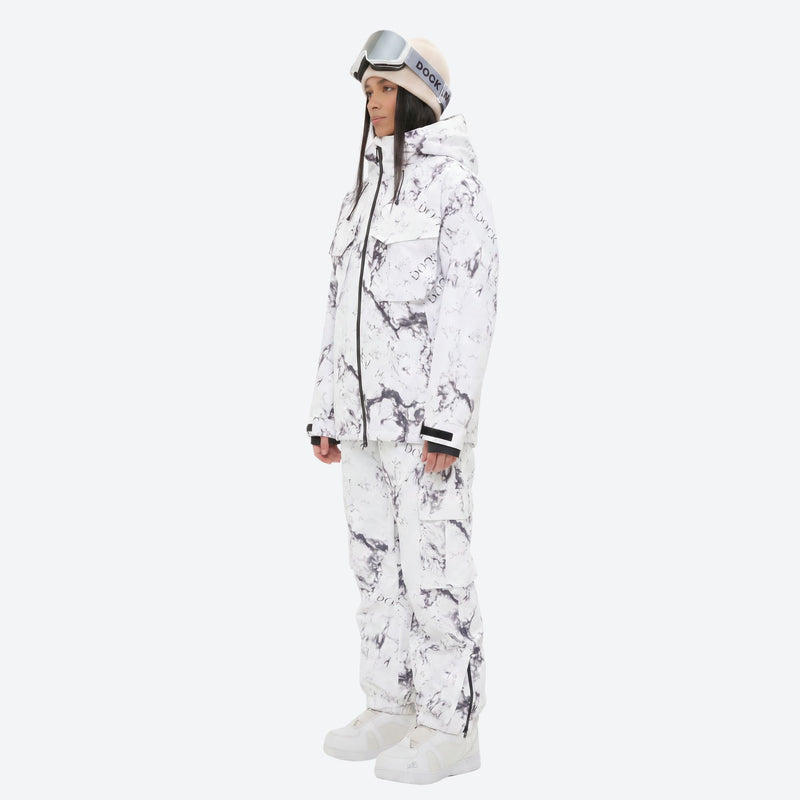 Women's waterproof 3L snow jacket and pants series - white marble print jacket with matching pants, on-model side view