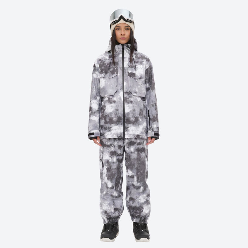 Women's breathable printed ski jacket set - gray camo print jacket with matching pants, for resort and backcountry days
