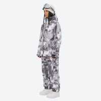 
                  
                    Women's 3-layer snowboard jacket and pants - gray camo print jacket with matching pants, for powder and piste riding
                  
                