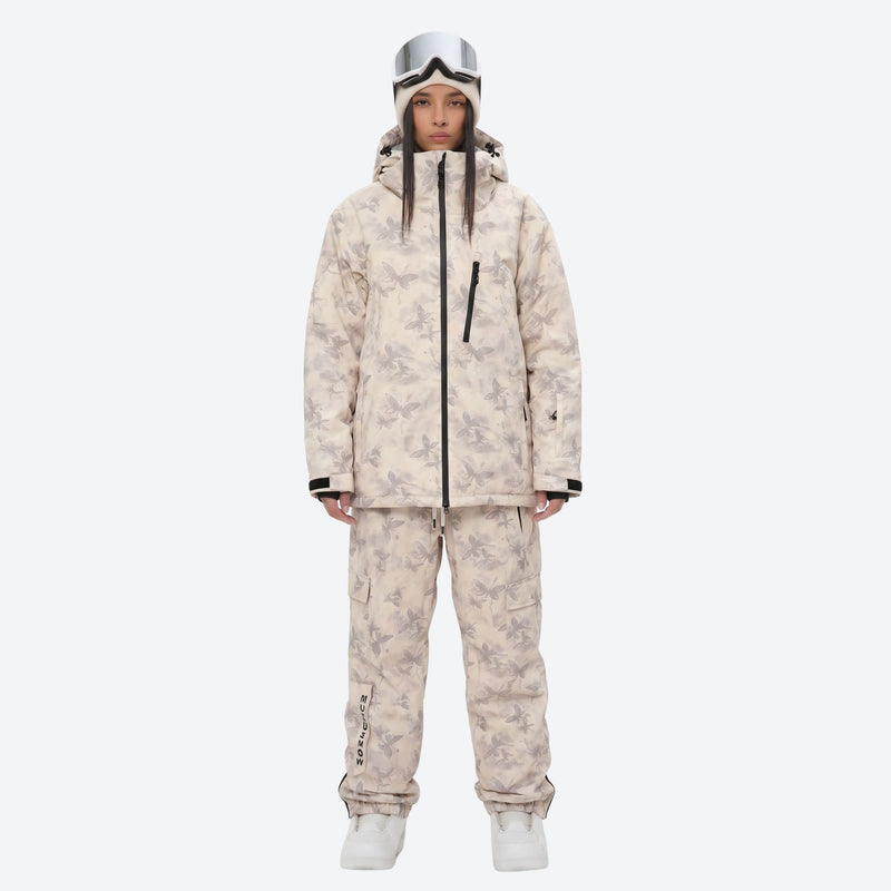 Unisex waterproof 3L snow jacket and bib pants series - cream tan marble print suit, for resort and backcountry days