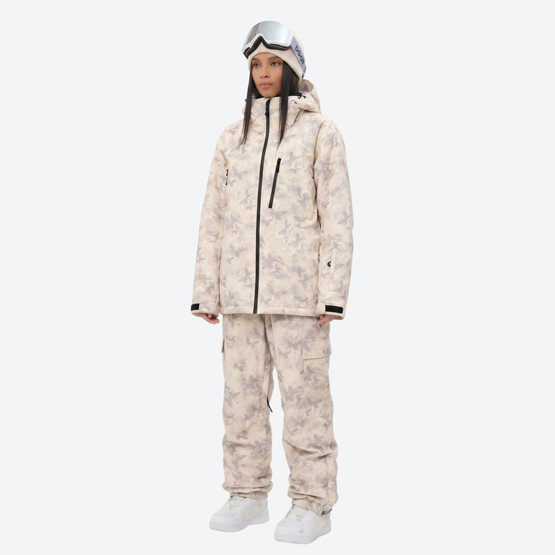 Unisex waterproof 3L snow jacket and bib pants series - cream tan marble print suit, 3-layer waterproof breathable fabric