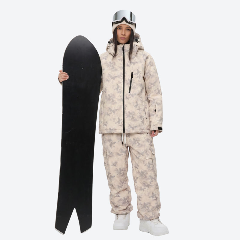 Breathable 3-layer ski jacket and suspender pants set - cream tan marble print suit, for powder and piste riding