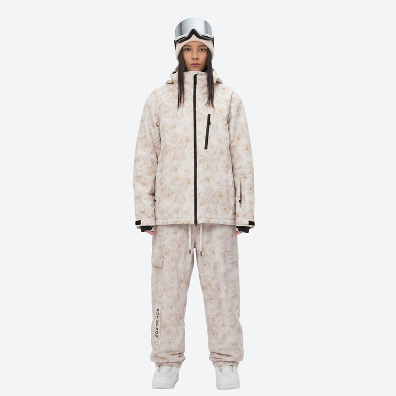 Unisex printed snowboard jacket and bibs - cream tan marble print suit, for cold-weather winter sports