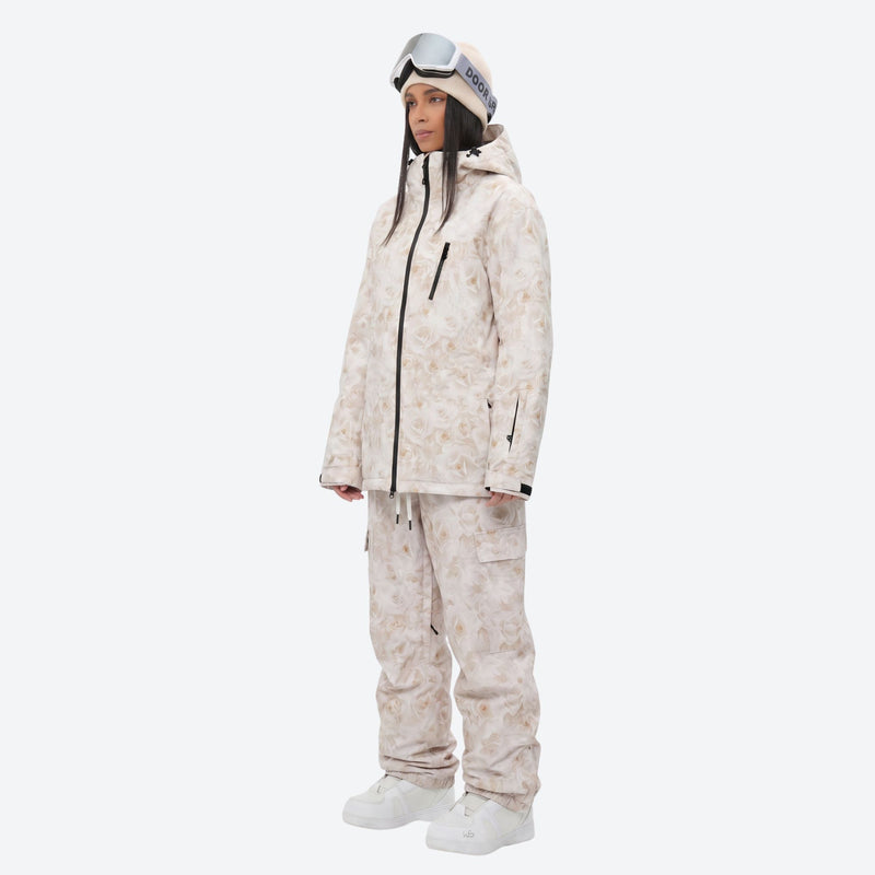 Unisex waterproof 3L snow jacket and bib pants series - cream tan marble print suit, for skiing and snowboarding