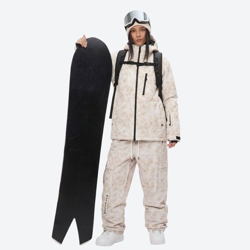 Breathable 3-layer ski jacket and suspender pants set - cream tan marble print, for powder and piste riding