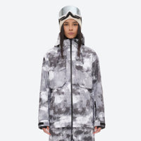 
                  
                    Women's breathable printed ski jacket set - gray camo print jacket, on-model front view, for powder and piste riding
                  
                