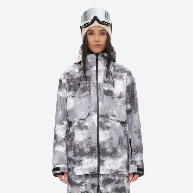 Women's breathable printed ski jacket set - gray camo print jacket, on-model front view, for powder and piste riding