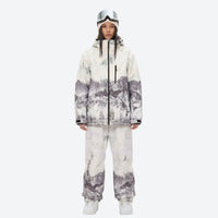 
                  
                    Women's 3-layer snowboard jacket and pants - white mountain print jacket with matching pants, for powder and piste riding
                  
                