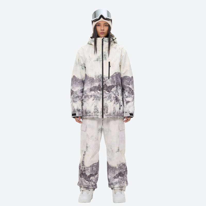 Women's 3-layer snowboard jacket and pants - white mountain print jacket with matching pants, for powder and piste riding