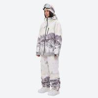 
                  
                    Women's breathable printed ski jacket set - white mountain print jacket with matching pants, for skiing and snowboarding
                  
                