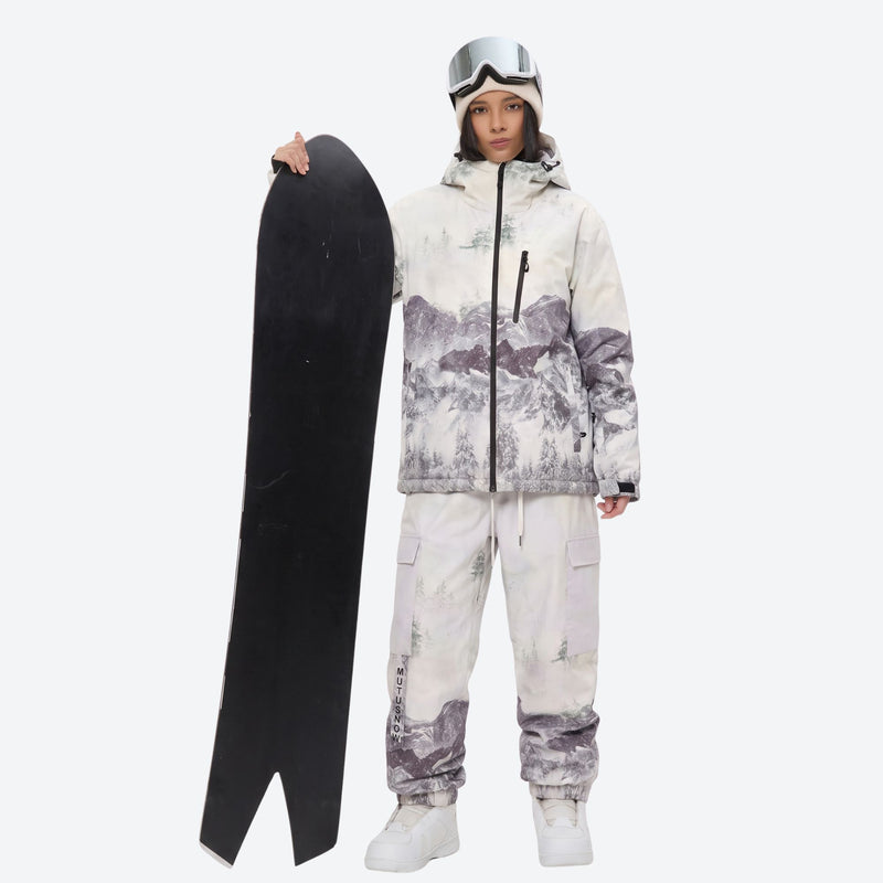 Women's waterproof 3L snow jacket and pants series - white mountain print jacket with matching pants