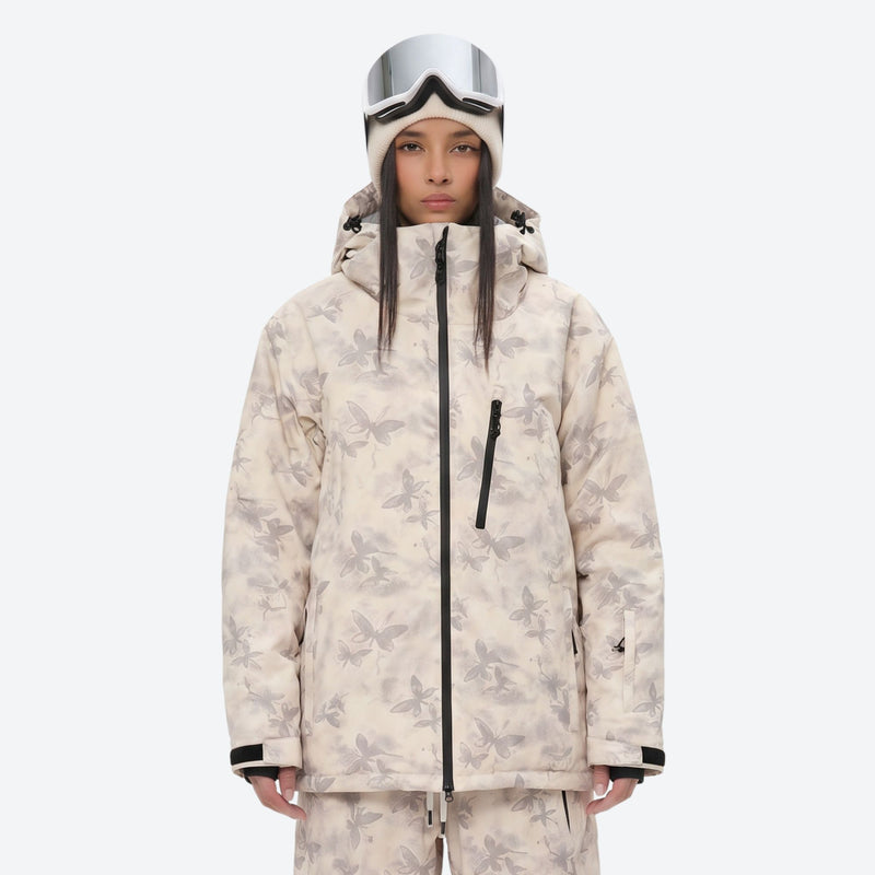 Breathable 3-layer ski jacket and suspender pants set - cream tan marble print, for resort and backcountry days