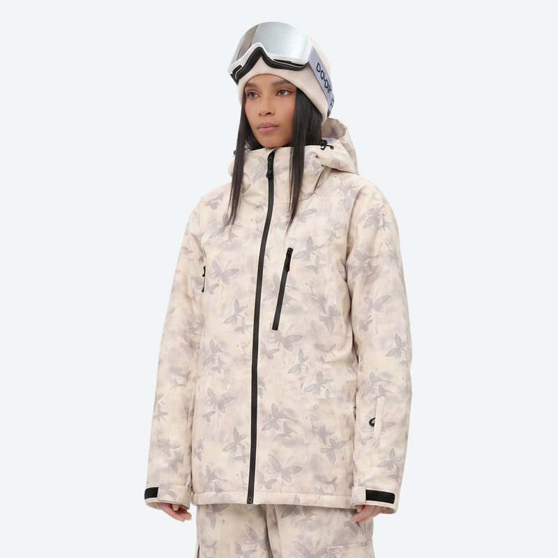 Unisex printed snowboard jacket and bibs - cream tan marble print, for powder and piste riding