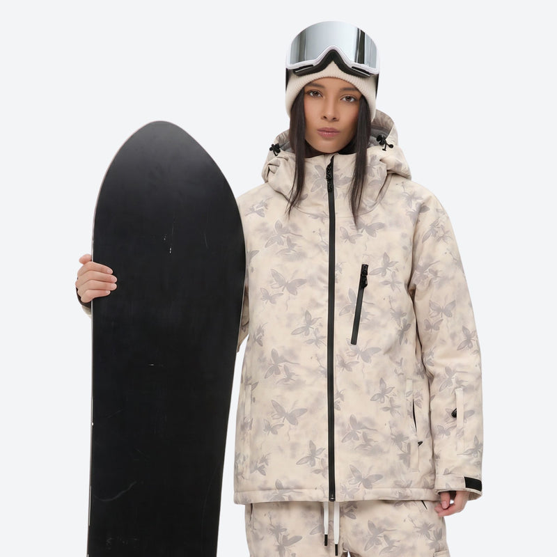 Unisex printed snowboard jacket and bibs - cream tan marble print, for resort and backcountry days