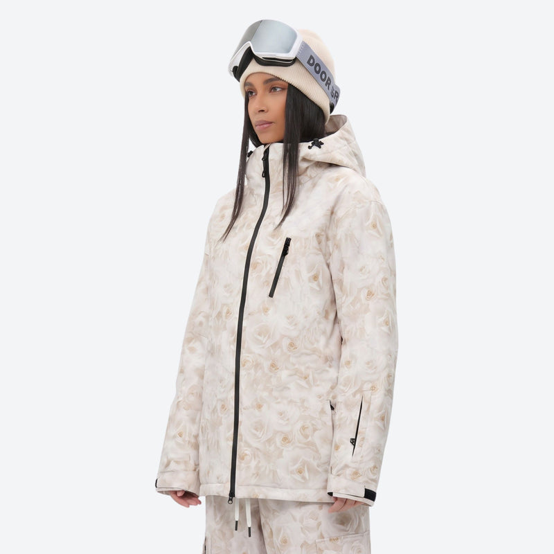 Breathable 3-layer ski jacket and suspender pants set - cream tan marble print, for cold-weather winter sports
