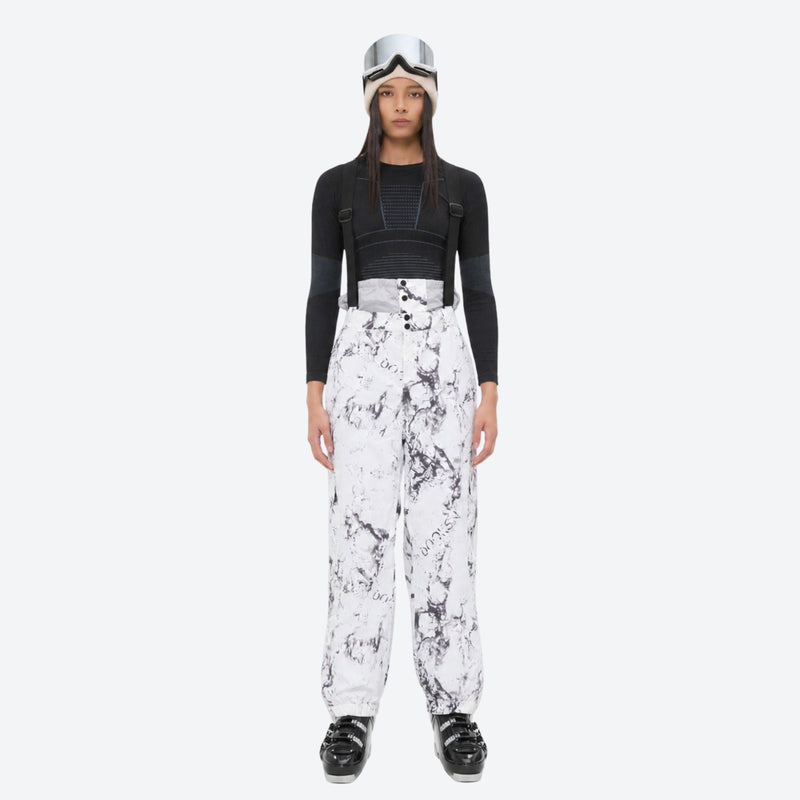 Women's breathable printed ski jacket set - white marble print snow pants with black top, for cold-weather winter sports