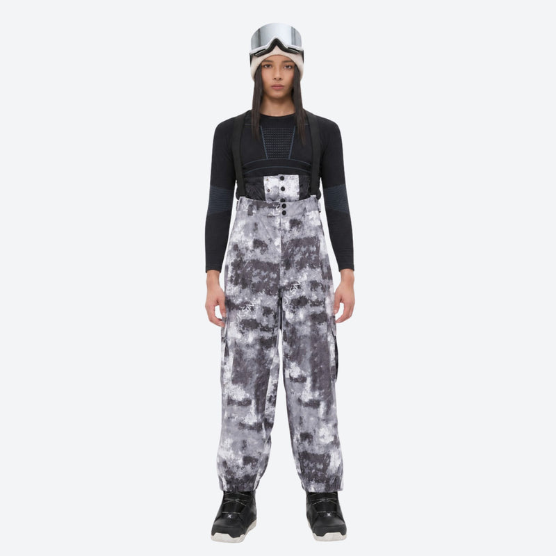 Women's waterproof 3L snow jacket and pants series - gray camo print snow pants with black top, for skiing and snowboarding