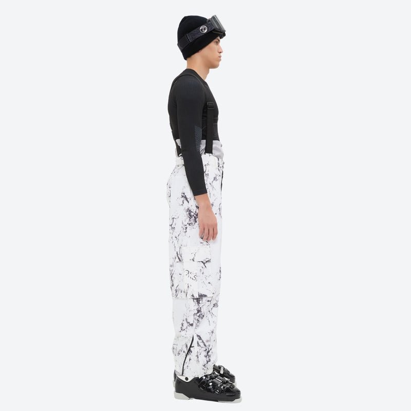 Unisex printed snowboard jacket and bibs - white marble print bib pants, on-model side view, for resort and backcountry days