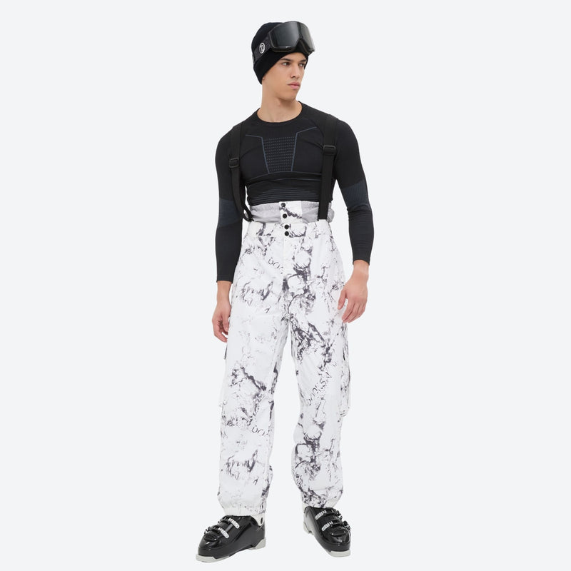 Unisex printed snowboard jacket and bibs - white marble print bib pants, on-model front view, for cold-weather winter sports