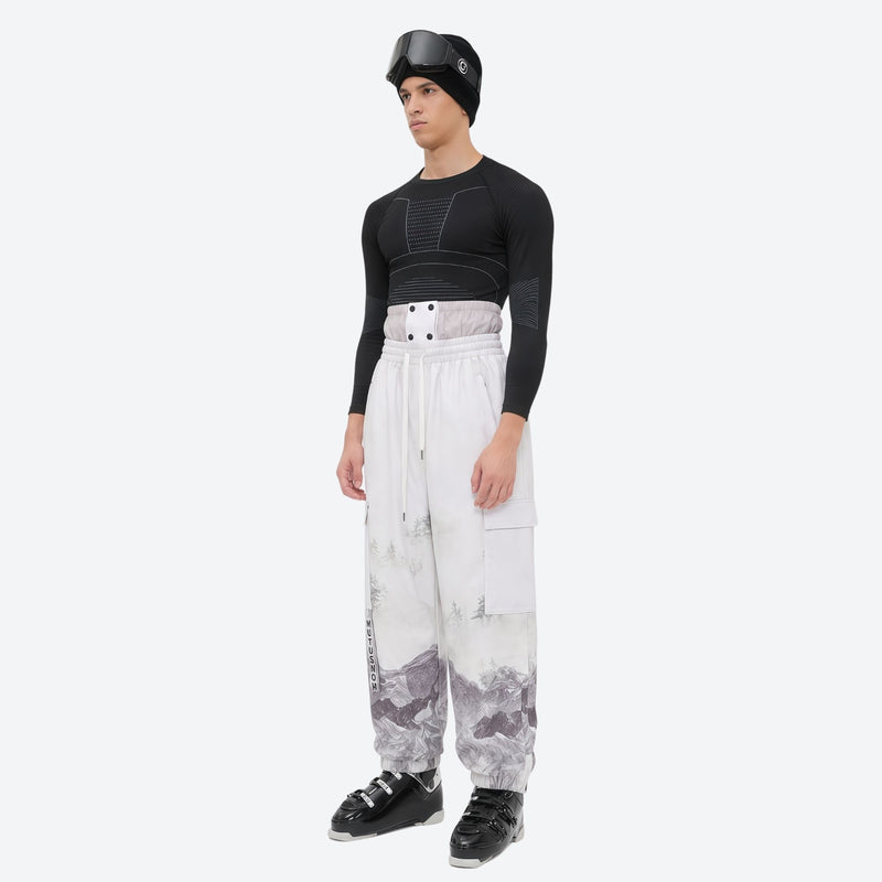 Unisex printed snowboard jacket and bibs - white marble print bib pants, adjustable detachable suspenders