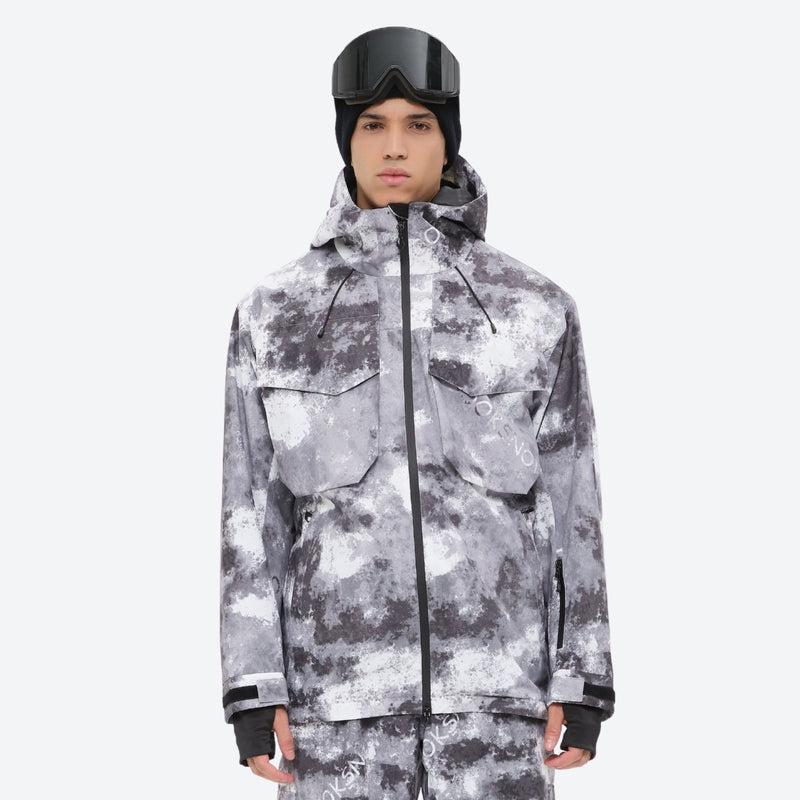 Breathable 3-layer ski jacket and suspender pants set - gray camo marble print, for resort and backcountry days