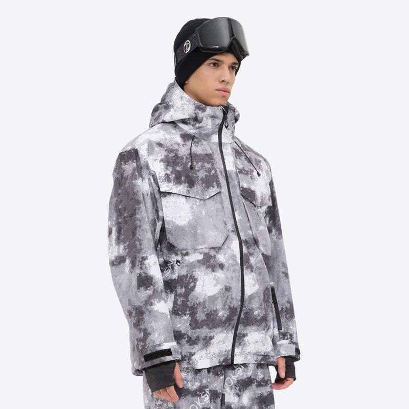 Unisex printed snowboard jacket and bibs - gray camo marble print, for powder and piste riding