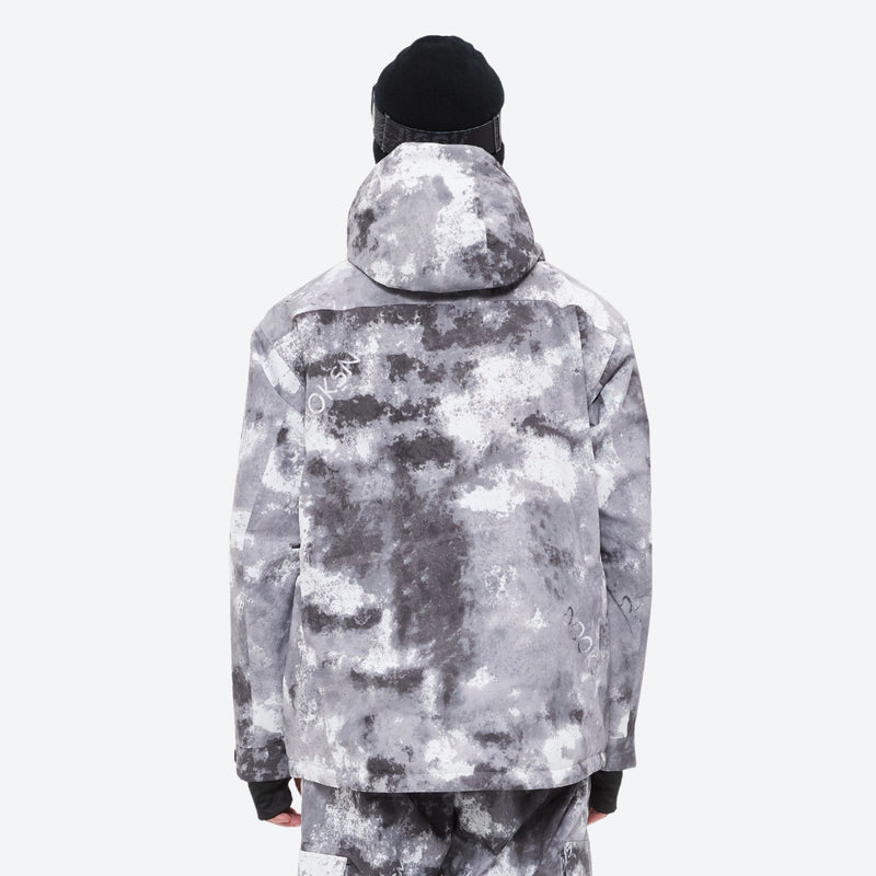 Breathable 3-layer ski jacket and suspender pants set - gray camo marble print, for skiing and snowboarding