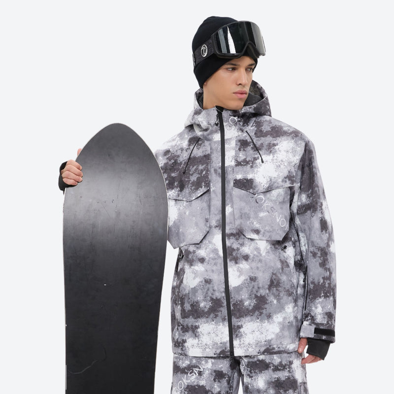 Unisex printed snowboard jacket and bibs - gray camo marble print, for resort and backcountry days