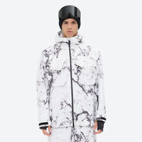 
                  
                    Breathable 3-layer ski jacket and suspender pants set - white marble print, on-model front view, for skiing and snowboarding
                  
                