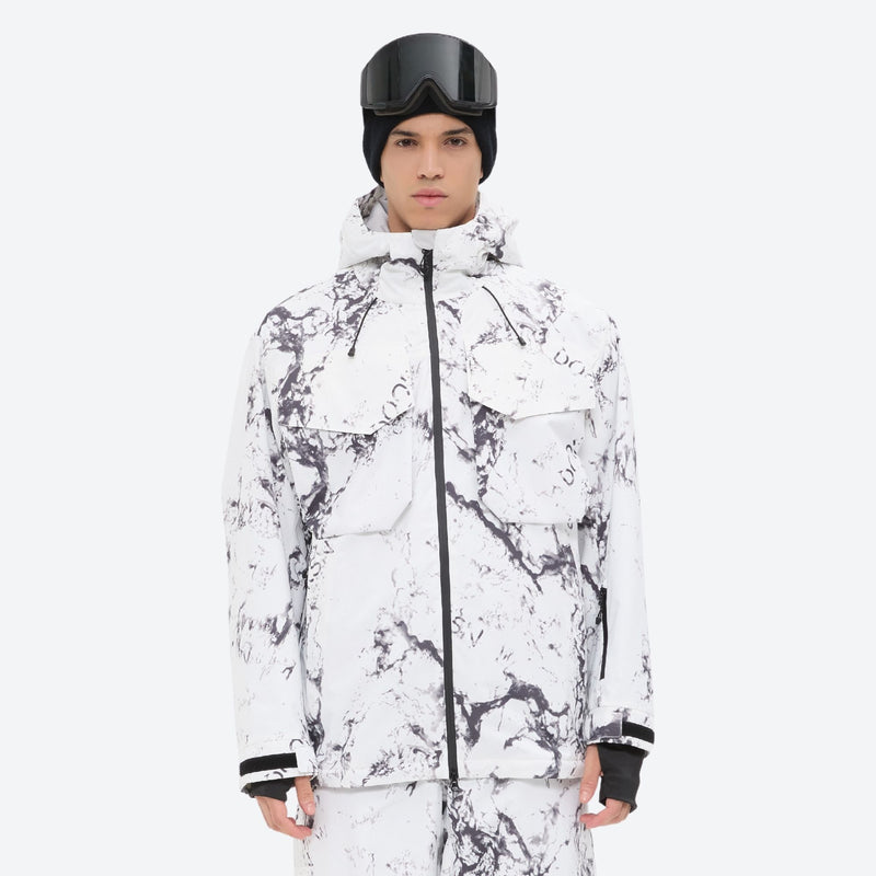 Breathable 3-layer ski jacket and suspender pants set - white marble print, on-model front view, for skiing and snowboarding