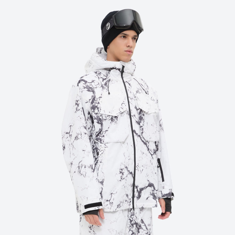 Unisex printed snowboard jacket and bibs - white marble print, on-model three-quarter front view, for skiing and snowboarding