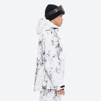 
                  
                    Unisex waterproof 3L snow jacket and bib pants series - white marble print, for resort and backcountry days
                  
                