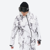 
                  
                    Breathable 3-layer ski jacket and suspender pants set - white marble print, for powder and piste riding
                  
                