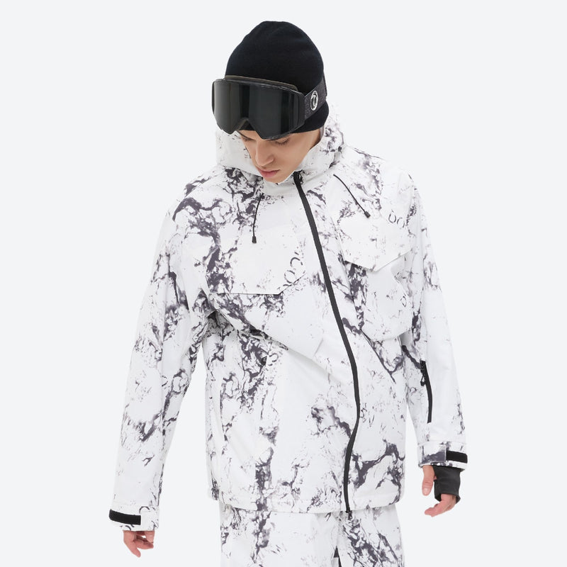 Breathable 3-layer ski jacket and suspender pants set - white marble print, for powder and piste riding