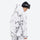 Unisex printed snowboard jacket and bibs - white marble print, on-model hood side view, for cold-weather winter sports