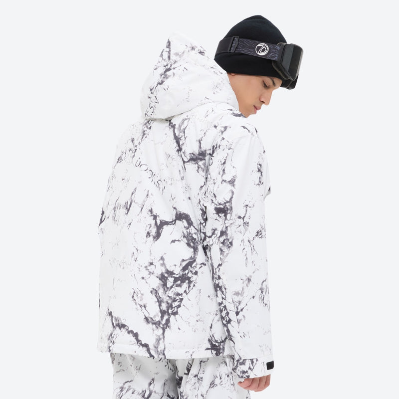 Unisex printed snowboard jacket and bibs - white marble print, on-model hood side view, for cold-weather winter sports