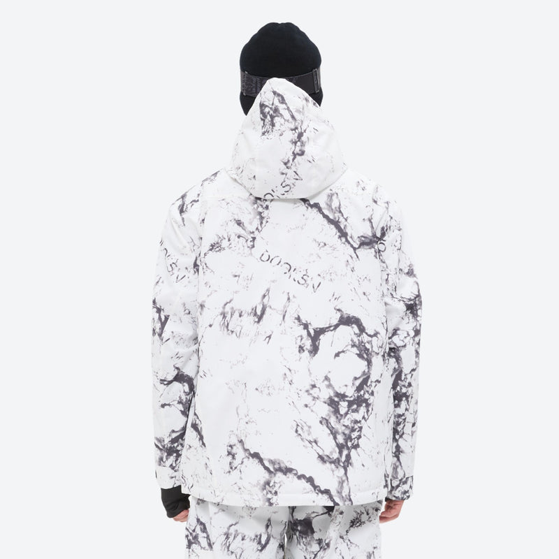 Unisex waterproof 3L snow jacket and bib pants series - white marble print, for skiing and snowboarding