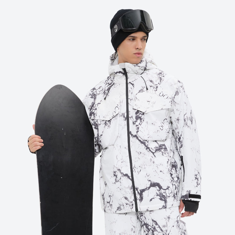 Unisex waterproof 3L snow jacket and bib pants series - white marble print, for powder and piste riding