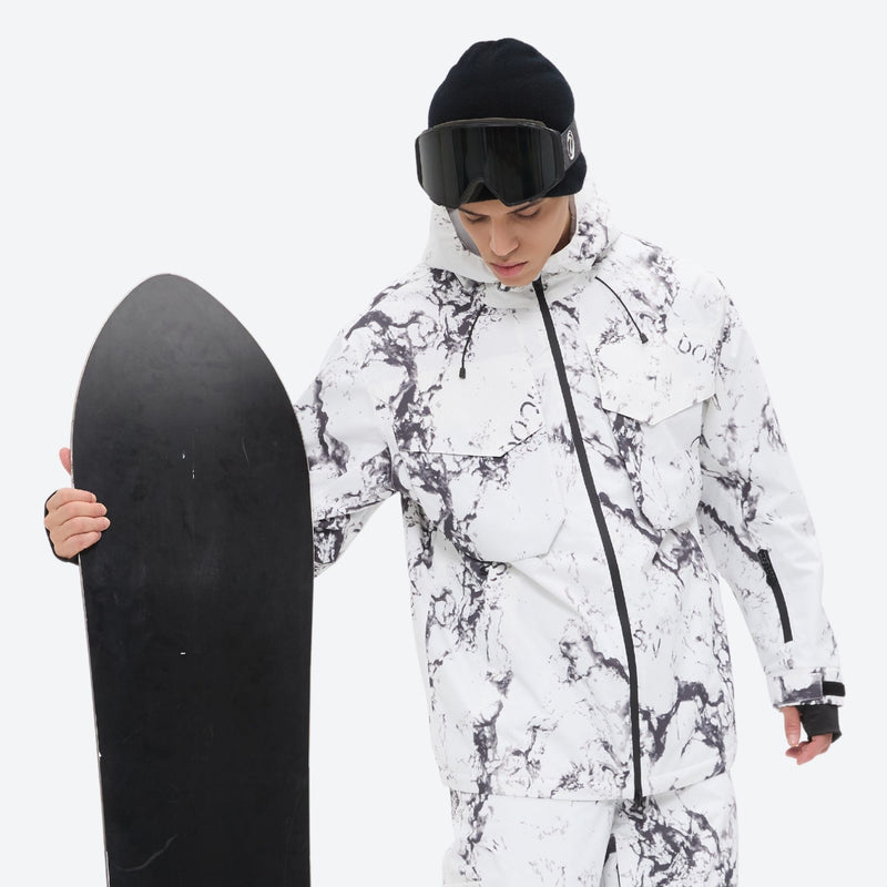 Breathable 3-layer ski jacket and suspender pants set - white marble print, for cold-weather winter sports