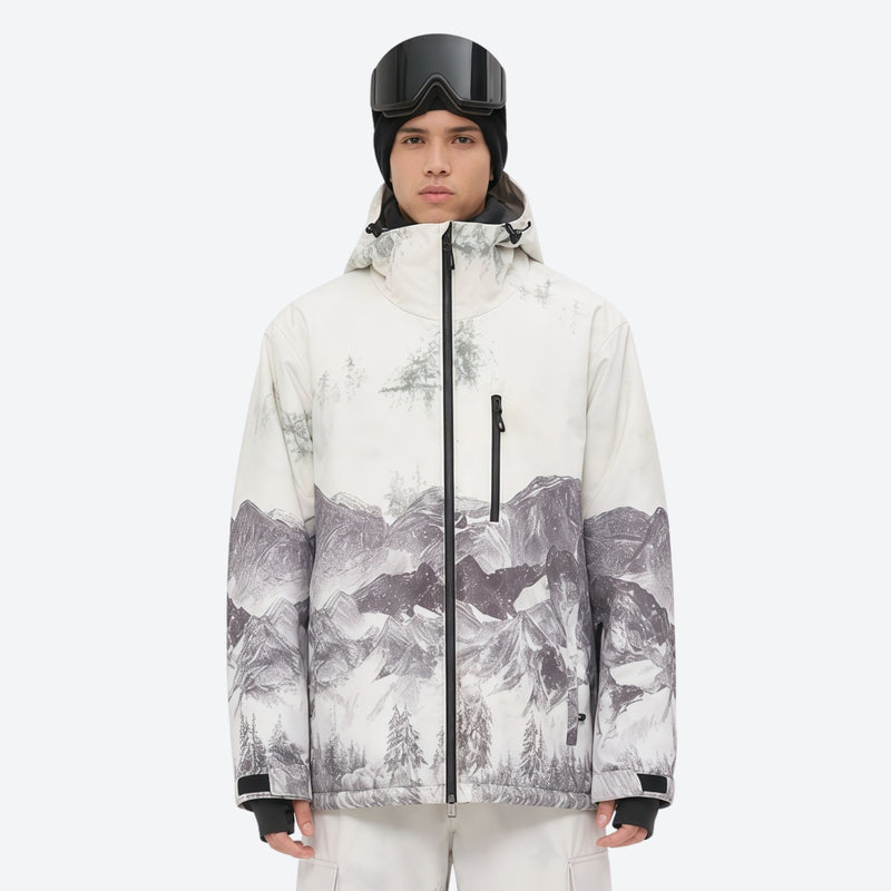 Unisex printed snowboard jacket and bibs - white and gray gradient print, on-model front view, for powder and piste riding