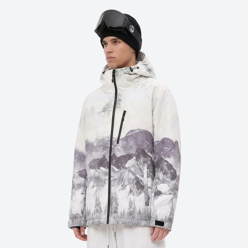 Unisex waterproof 3L snow jacket and bib pants series - white and gray gradient print, for cold-weather winter sports