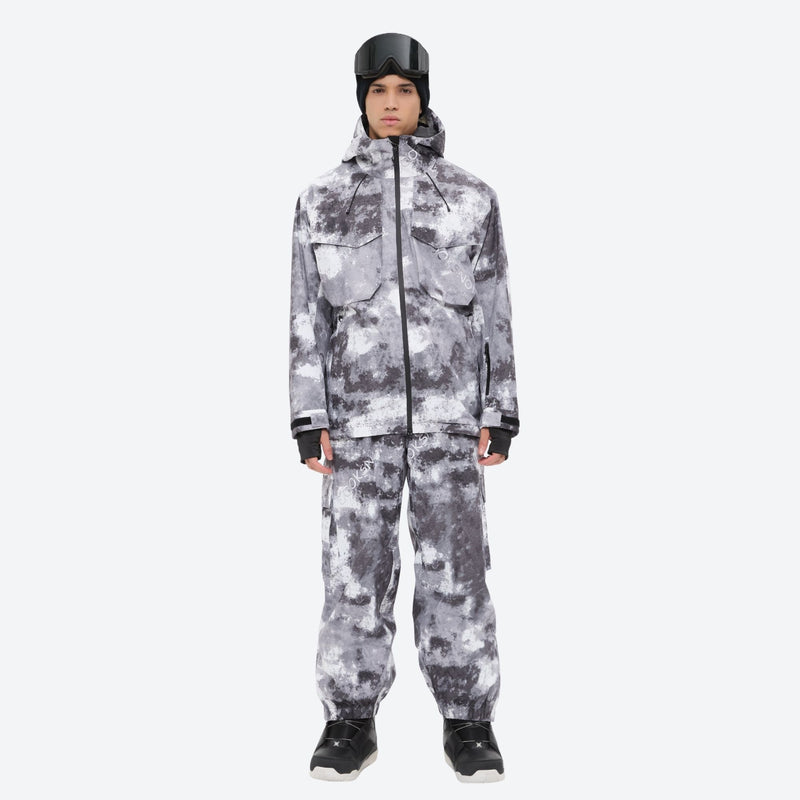 Unisex waterproof 3L snow jacket and bib pants series - gray camo marble print suit, for skiing and snowboarding