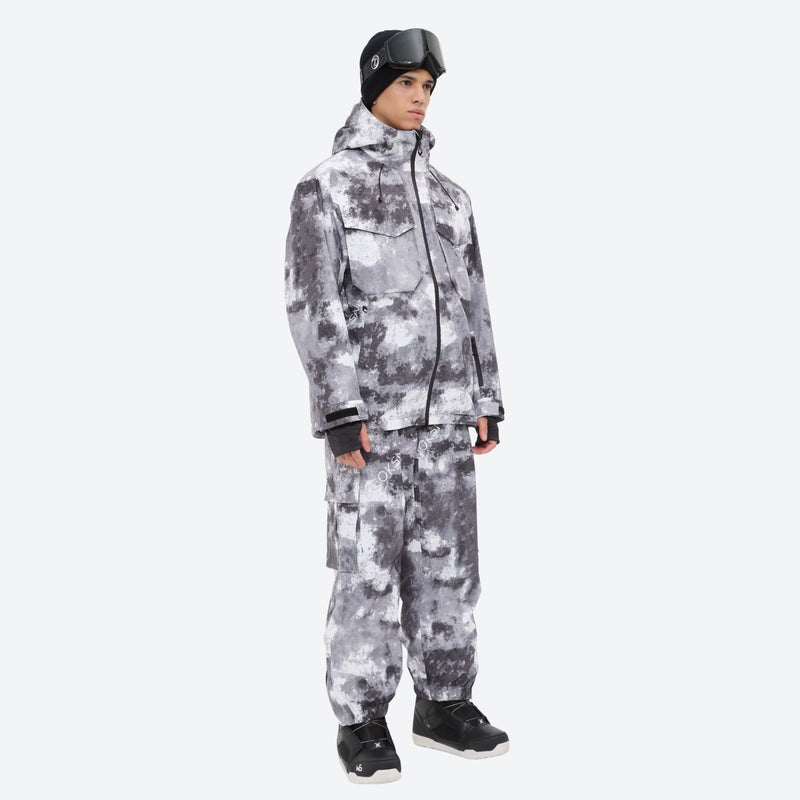 Breathable 3-layer ski jacket and suspender pants set - gray camo marble print suit, for resort and backcountry days