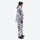 Unisex printed snowboard jacket and bibs - gray camo marble print suit, on-model side view, for powder and piste riding