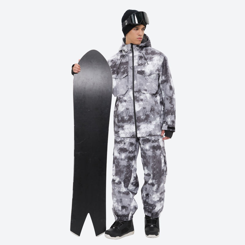 Unisex printed snowboard jacket and bibs - gray camo marble print suit, for cold-weather winter sports